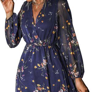 CUPSHE Floral Chiffon Mini Dress – Navy – Long Peasant Sleeves (Used)
